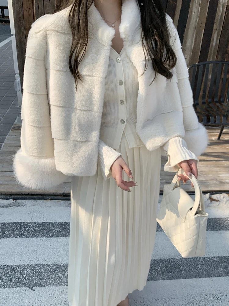 Manteau ample en Faux poils de vison pour femme, col rond, manchettes en fausse fourrure de renard, manches longues, vêtements d'extérieur courts et doux, automne et hiver