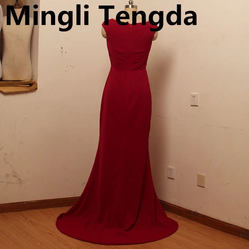 Mingli Tengda dunkelrot elegante Dame Abendkleider Rundhals ausschnitt Split sexy Abendkleid Court Zug ärmellose Party kleider