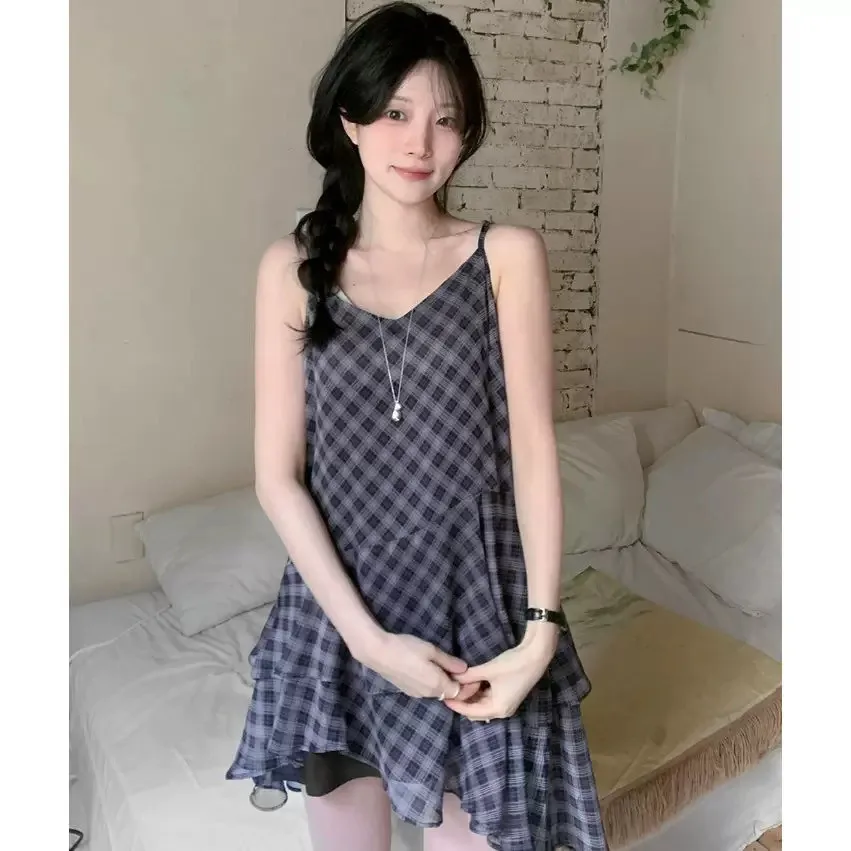 Vestido de Verano Azul Marino a Cuadros con Tirantes Asimétricos, Estilo Dulce, Informal, 100% Otro Material, Sin Mangas, Aju...