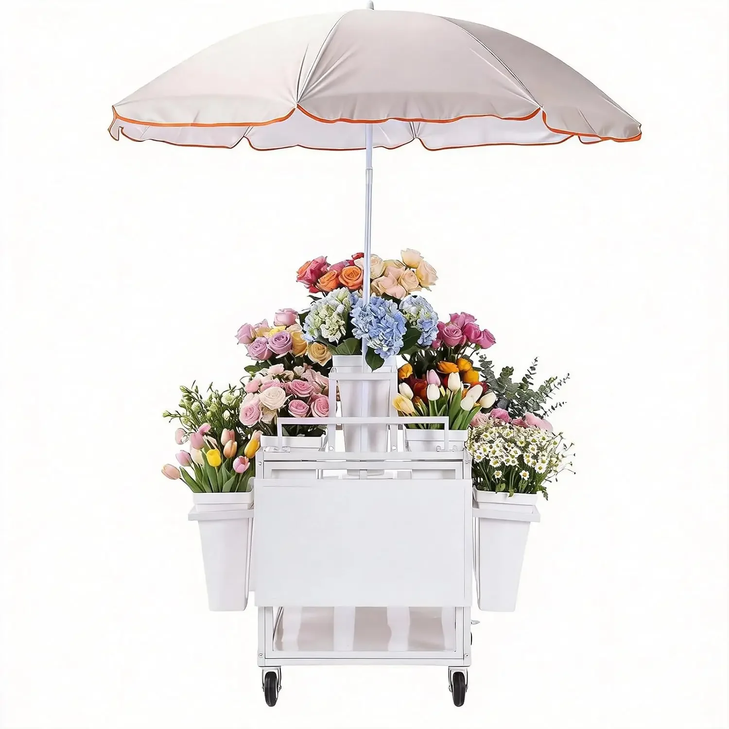 Outdoor Flower Plant Display Cart with Canopy, 3‑Tier Rolling Flower Stand with 18 Buckets, Mobile Market Flower Rack with Foldi
