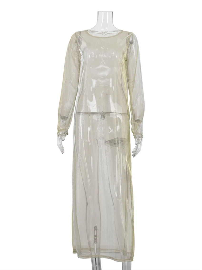 ชุดนอนแฟชั่นผู้หญิง Marthaqiqi คอทรงโอ แขนยาว ชุดนอนเซ็กซี่แบบผ่าข้าง ชุดนอนยาวถึงข้อเท้า ชุดนอนผู้หญิง