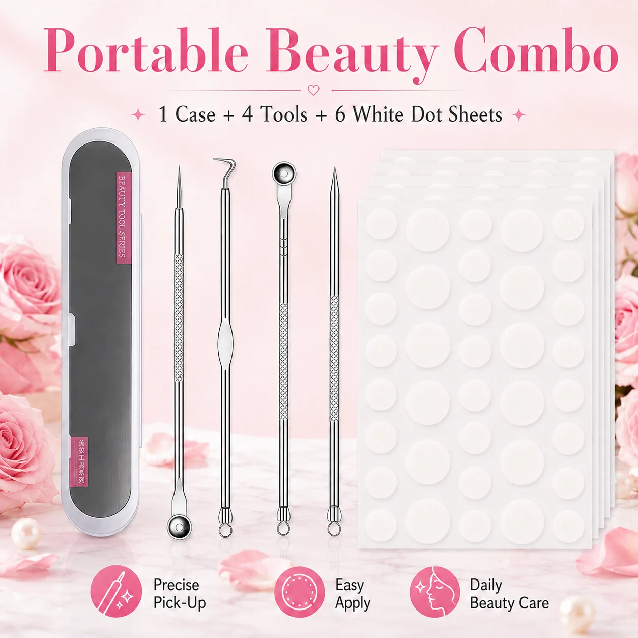 4-Piece Stainless Steel Tool Kit with Case & 6 White Dot Pimple Patch Sheets, Portable Beauty Set for Home, Travel & Daily Use.