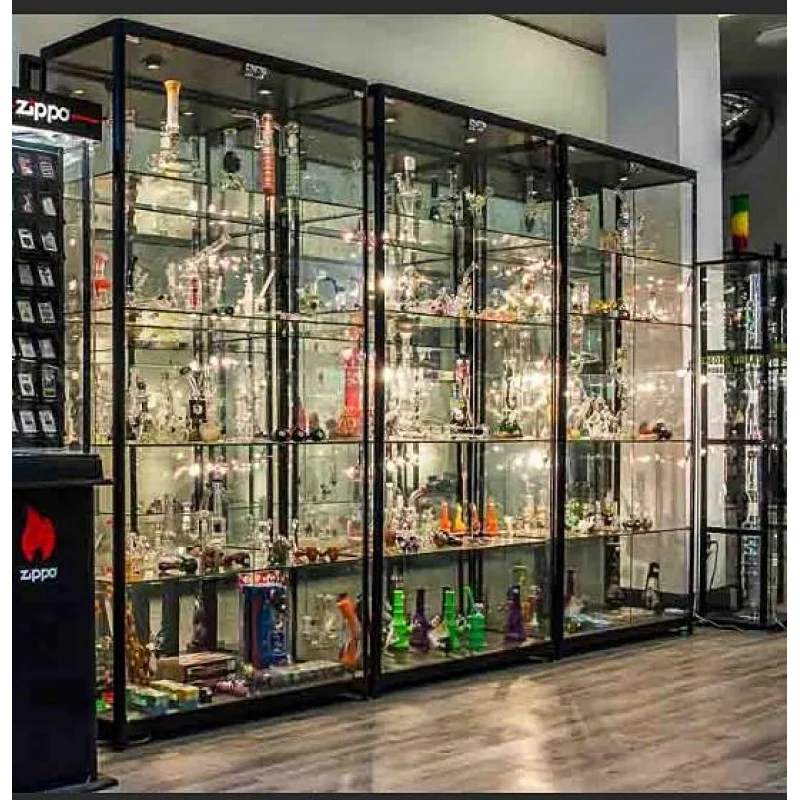 

custom.Hot Sale Lighted Glass Display Smoke Store Showcase Adjustable Shelves Wall Display Cabinet for Retail Shop