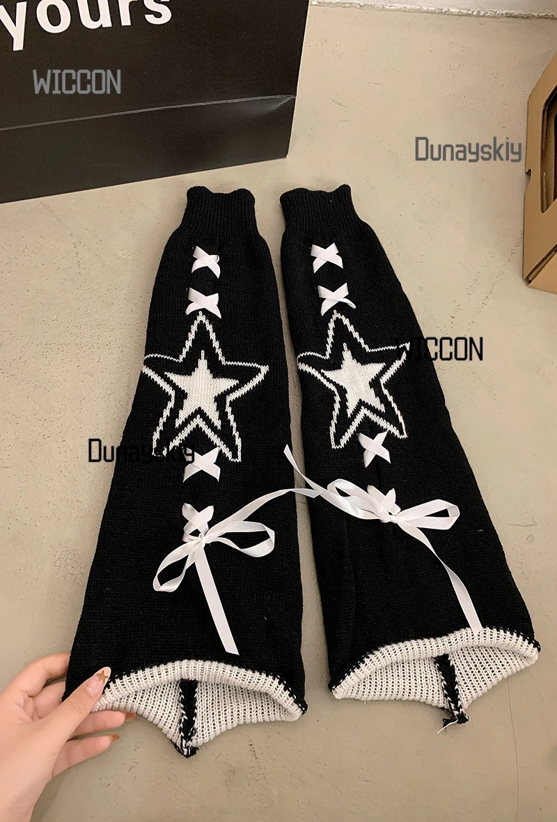 Y2K Star Print Leg Warmers - Black/White/Pink Kawaii Socks for JK Lolita Fashion Adjustable Ribbon Tie Christmas Halloween Gift