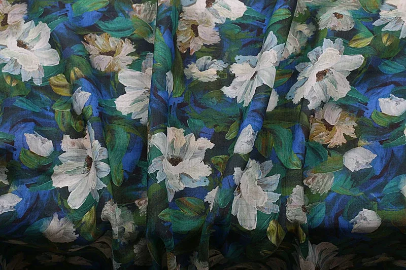 

1yard Sand washed pure ramie fabric Ink Flower printing tissu Designer's artistic dress,pants,shirt fabric for clothing