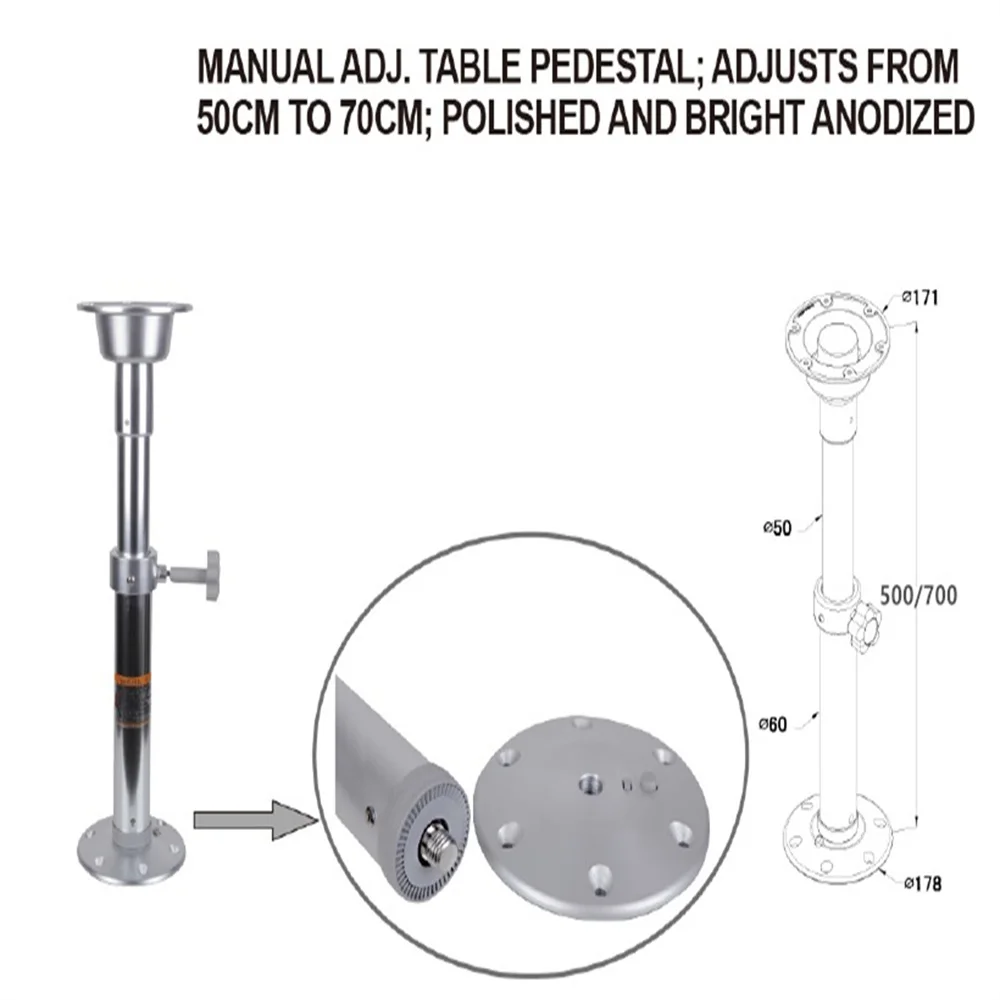 Aluminum Adjustable Table Pedestal Base 500-700mm Marine Boat Yacht RV Caravan