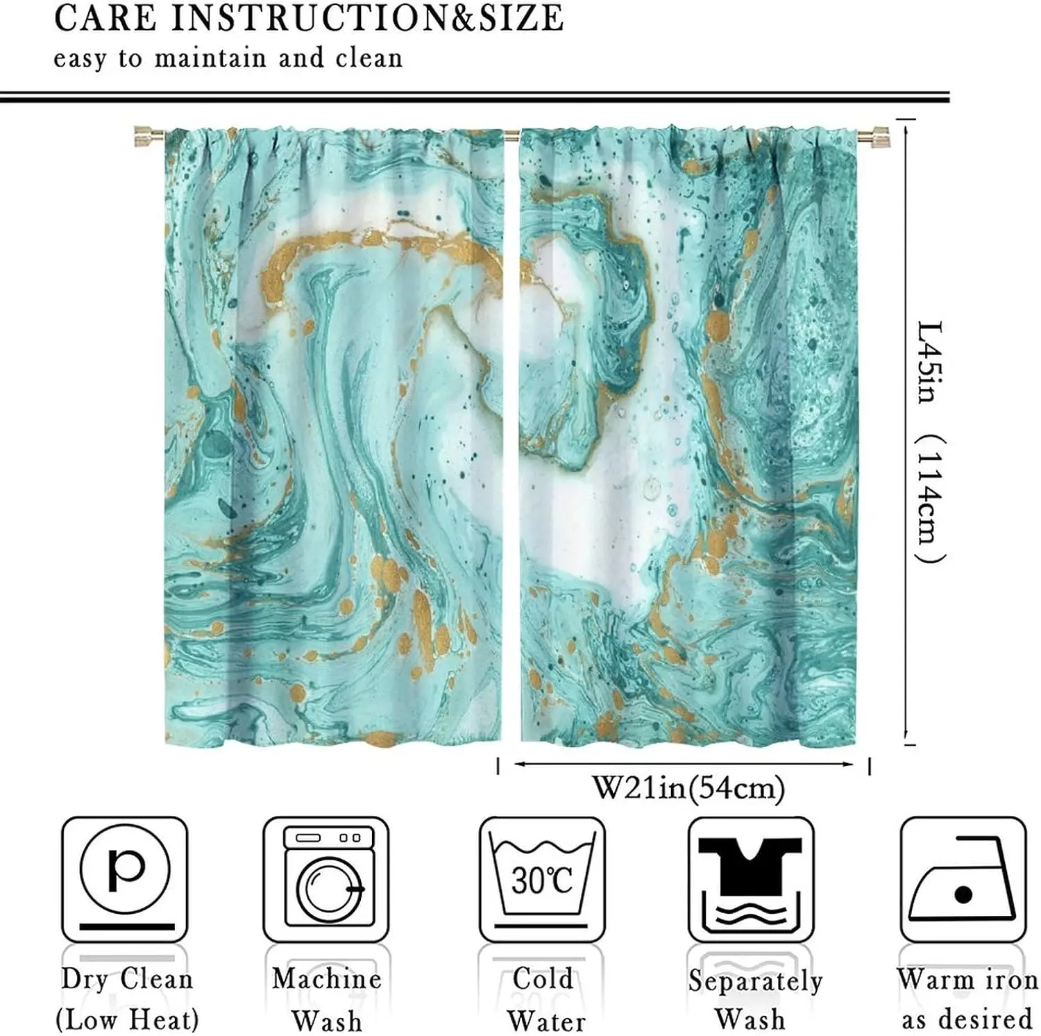 Luxury Marble Blackout Curtain Turquoise Teal White Gold Foil Swirl Liquid Art Rod Pocket Panels Elegant Modern Bedroom Decor