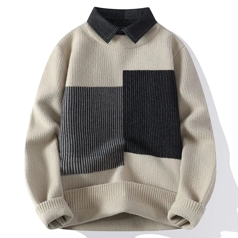 Korean Fashion Autumn Winter Sweaters Men's Shirt Collar Contrast Color Striped Casual Long Sleeve Loose Pullovers Knitted Tops