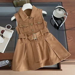 2025 Summer New Girls Denim Dress Belt Decoration Lapel Collar Sleeveless Tutu Princess Dress For 2 -10 Years Kids Fashion Dress