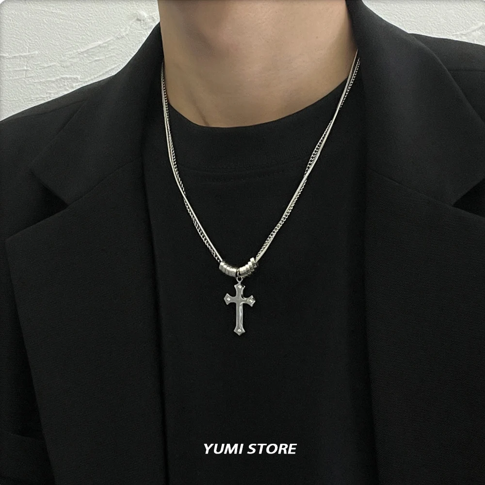 Titanium Steel Cross Double-layer Necklace For Man Woman Trend Sweater Chain Pendant Necklace Charm Jewelry Unisex Accessories