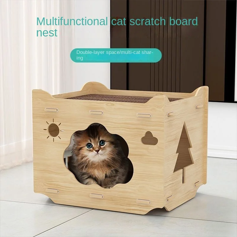 HONEYPET Cat Scratching Board Wooden House Cat Nest Four Seasons Claw Grinding Wear Toys Tree Tower One Large Villa Four Seasons