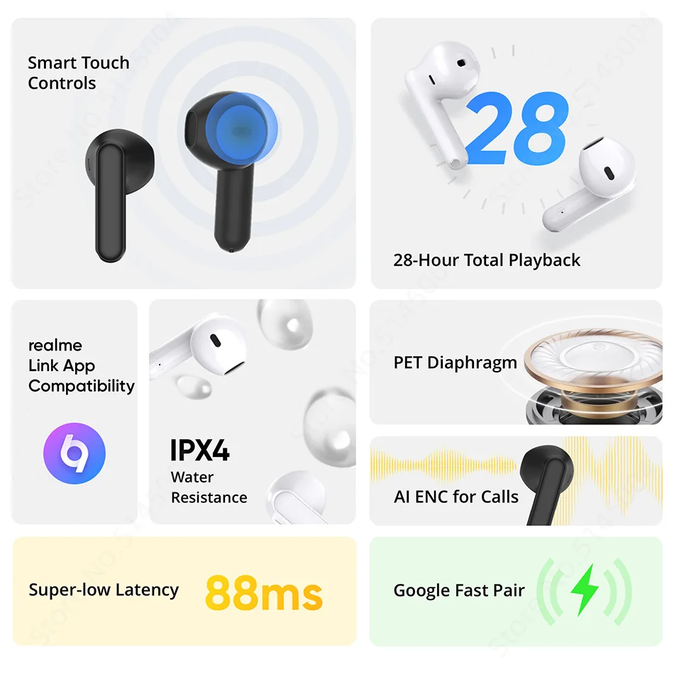 realme buds T01 True Wireless Earphone AI Noise Cancelling TWS Earphone Bluetooth 5.4 28Hour Battery Life IPX4 For realme 13 Pro