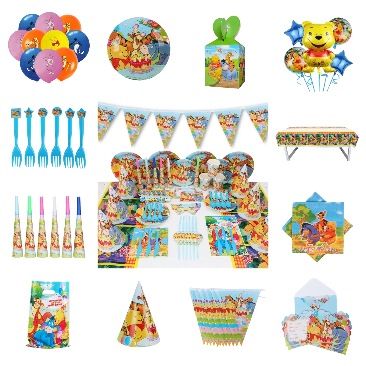 

Winnie the Pooh Cartoon Disney Birthday Party Theme Balloon Decoration Disposable Tableware Stickers Non woven Backpack Gift Bag