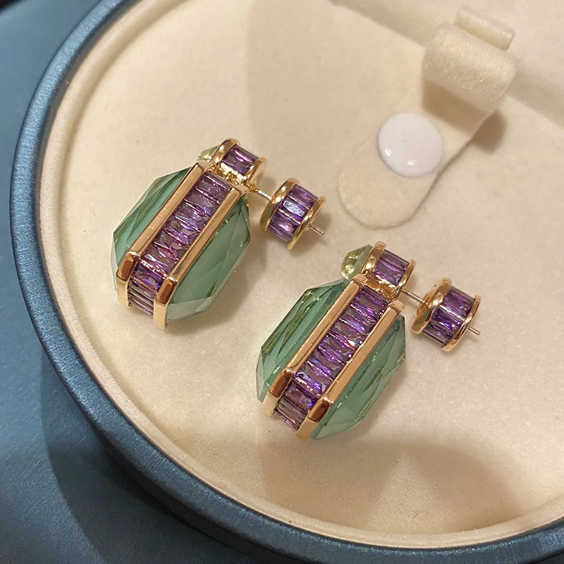High Quality Luxurious Olive Green Crystal Earrings Micro Inlaid Purple Cubic Zircon Retro for Women Square Pendant Jewelry Gift