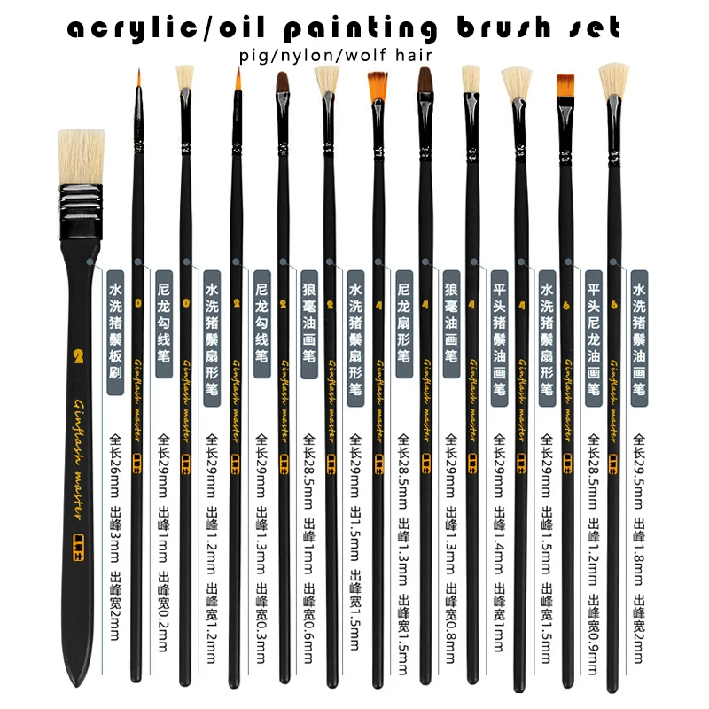 Ginflash Oil/Acrylic/Gouache Paints Brush Set Pig wolf nylon Hair all kinds of head professional painting brush set