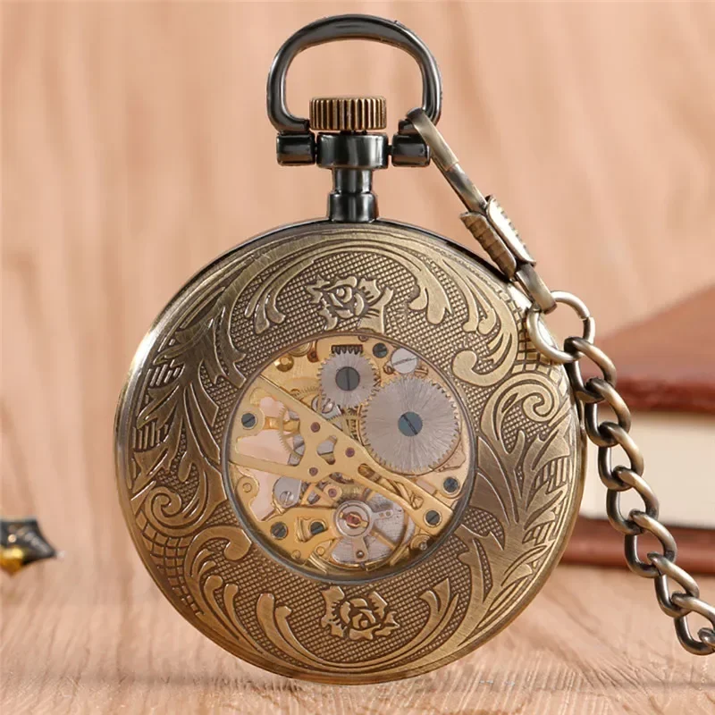 Vintage Unisex Mechanical Hand Winding Skeleton Pocket Watch Roman Numeral Dial Fob Pendant Chain Open Face Clock