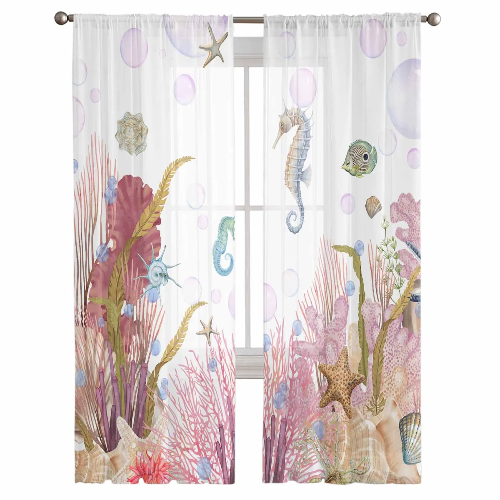 Sea Life Seahorse Coral Summer Voile Curtains for Living Room Window Tulle Curtain for Bedroom Sheer Blinds Drapes