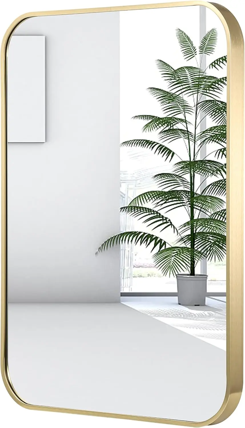 

24x36" Gold Bathroom Mirror. Brushed Brass Frame. Rectangular. Rounded Corners. Wall Mounted. Horizontal/Vertical.