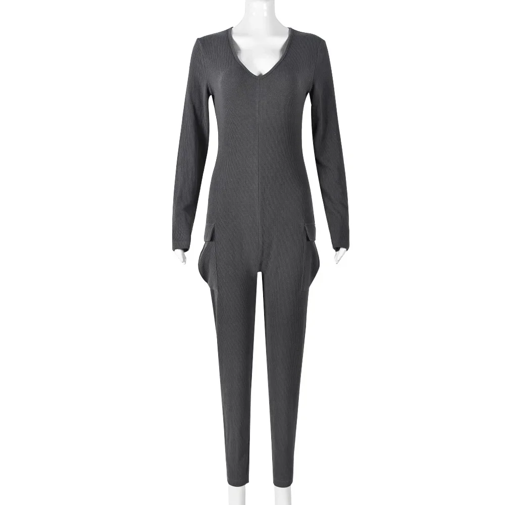 Gebreide Geribbelde Bodycon Jumpsuit Dames Herfst Effen V-Hals Lange Mouw Hoge Taille Zakken Casual Mode Rompertjes Trend Streetwear