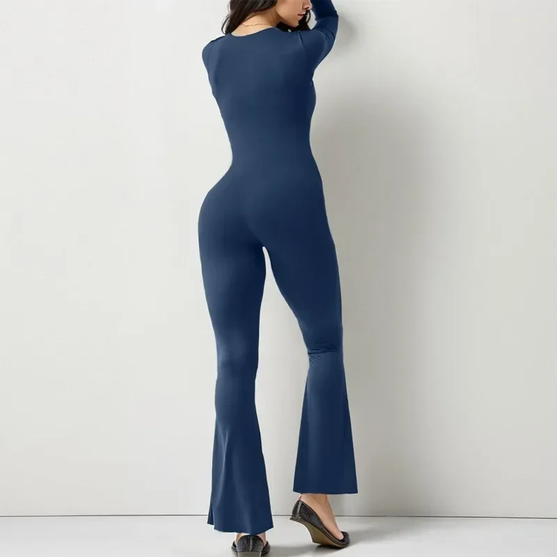 Herfst Lange Mouw Slanke Vierkante Hals Jumpsuit Vrouwen Casual Hoge Taille Sexy Rompertjes Mode Elastisch Kantoor Dames Playsuits 30066