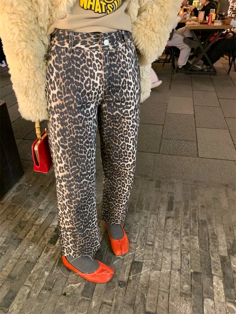 

Retro Leopard Print High Waist Denim Pants Women's Faionable Slimming Long Trousers Straight Leg High Elastici Cotton Str...