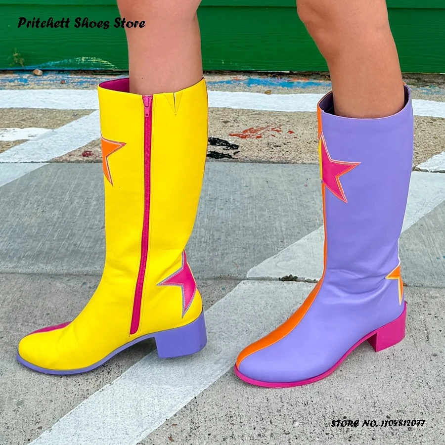 Women's Star Embroidery Knee-high Boots Spring Autumn Mixed Colors Trending Shoes Street Style Round Toe Chunky Heel Boots