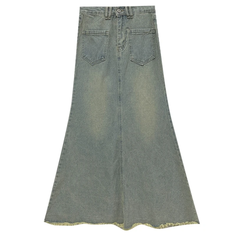 

Women's Fashion Denim Skirt Korean Style New Solid Color Mid-Length Frayed Mermaid Jean Skirts Streetwear for 18-24 Years Old