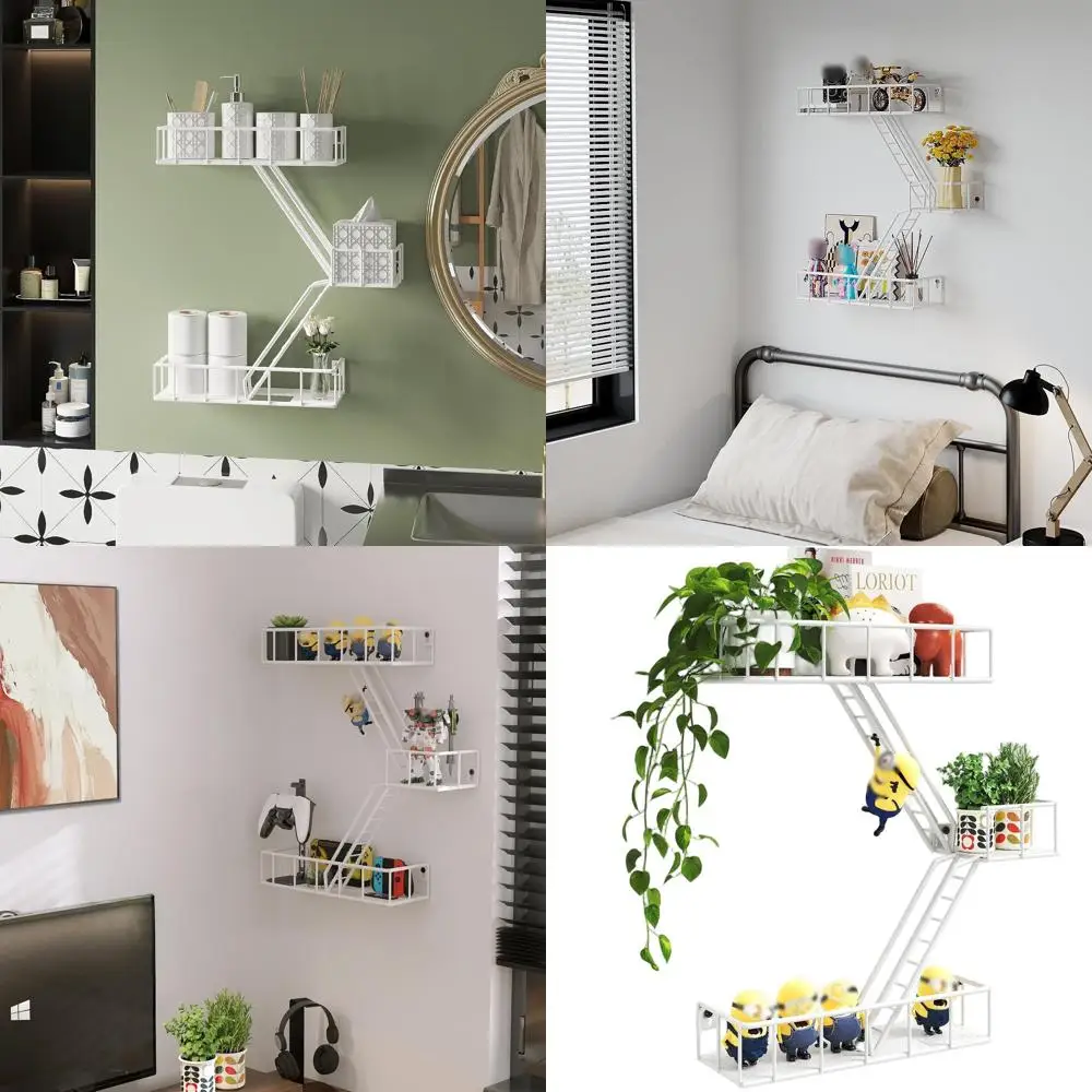 

3-Tier White Metal Fire Escape Wall Shelf with Baskets - Rustic Decorative Display for Action Figurines and Room Décor