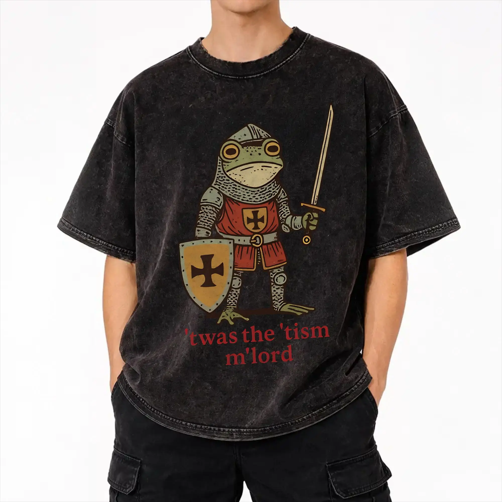Twas the ’Tism M Lord  Medieval Frog Templar Cross Knights Apparel Washed T Shirts for Men Women Streetwear Hip Hop T-Shirt