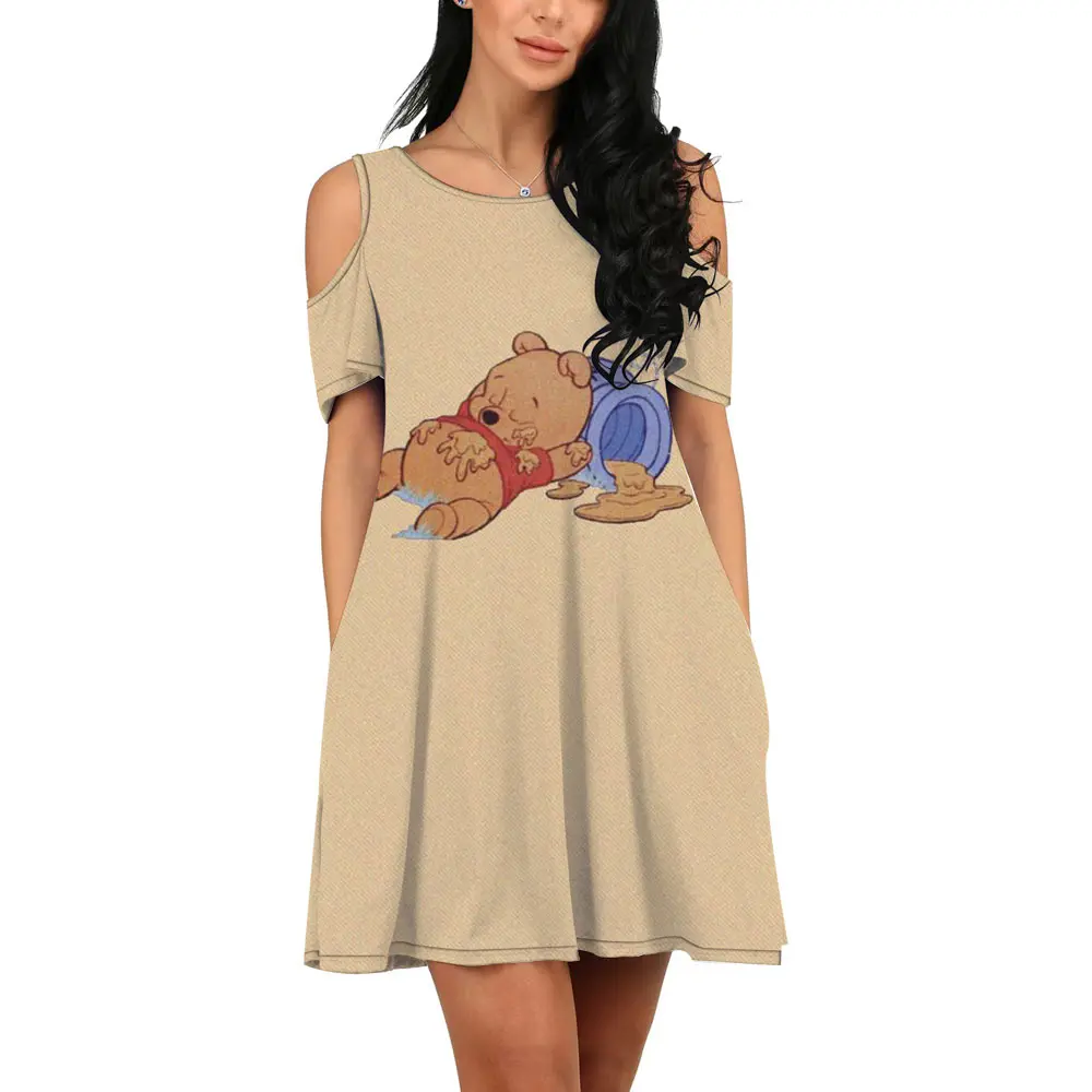 2022 Summer Harajuku Streetwear Disney Brand Winnie the Pooh Anime New Ladies Casual O Neck 3D Print Sexy Off Shoulder Dress