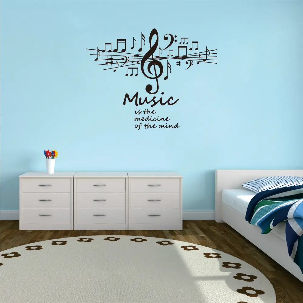 Removable Vinyl Home Decor Sticker“Music is the Medicine of the Mind”with Musical Notes Ideal for Music Room Wall Decals  JZY303