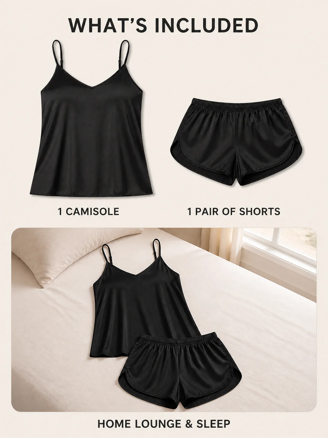 Damen-Pyjama-Set mit Satin-Finish, V-Ausschnitt, verstellbaren Trägern, Camisole und Shorts aus Polyester-Elasthan, Einheitsgröße, Nachtwäsche – Detail 5