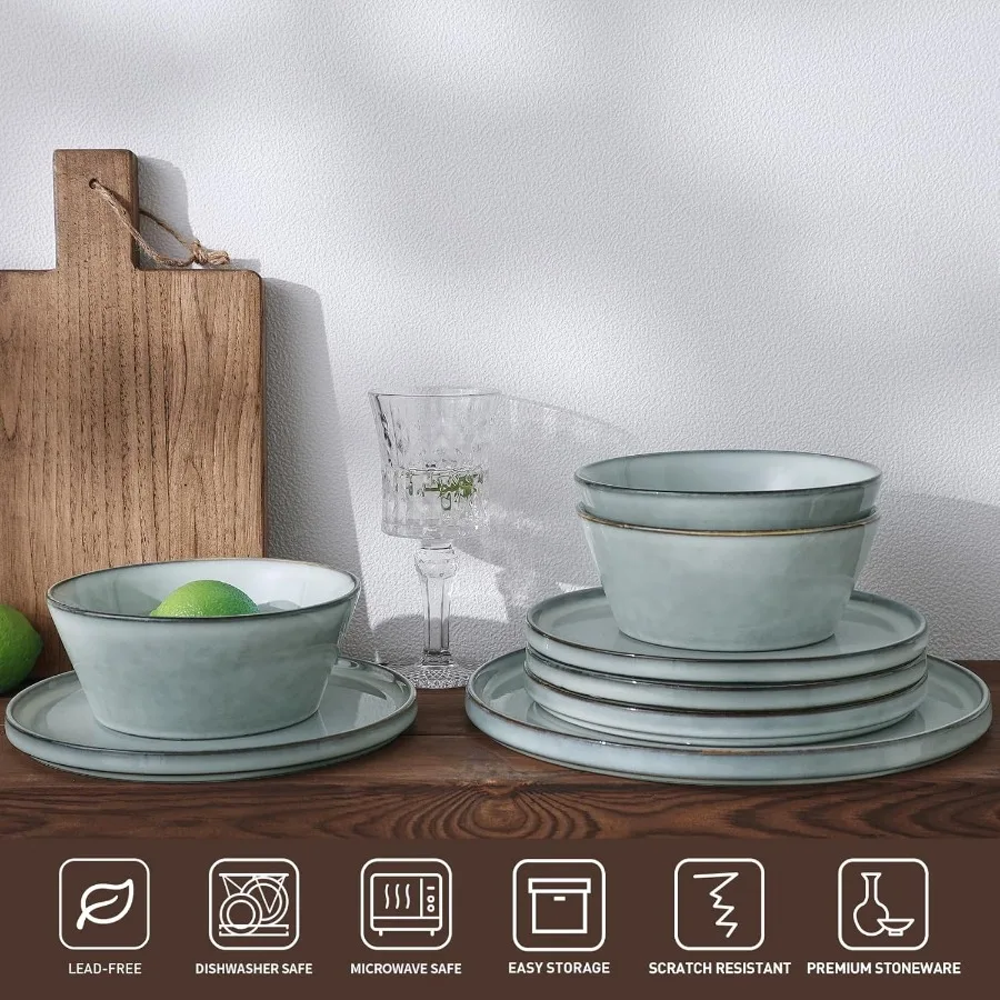 أطباق وأطباق عشاء من Annecy أطقم أواني طعام من الخزف الحجري طقم أطباق لـ 6 18 قطعة طقم أطباق مصنوع يدويًا في الميكروويف وDi #3