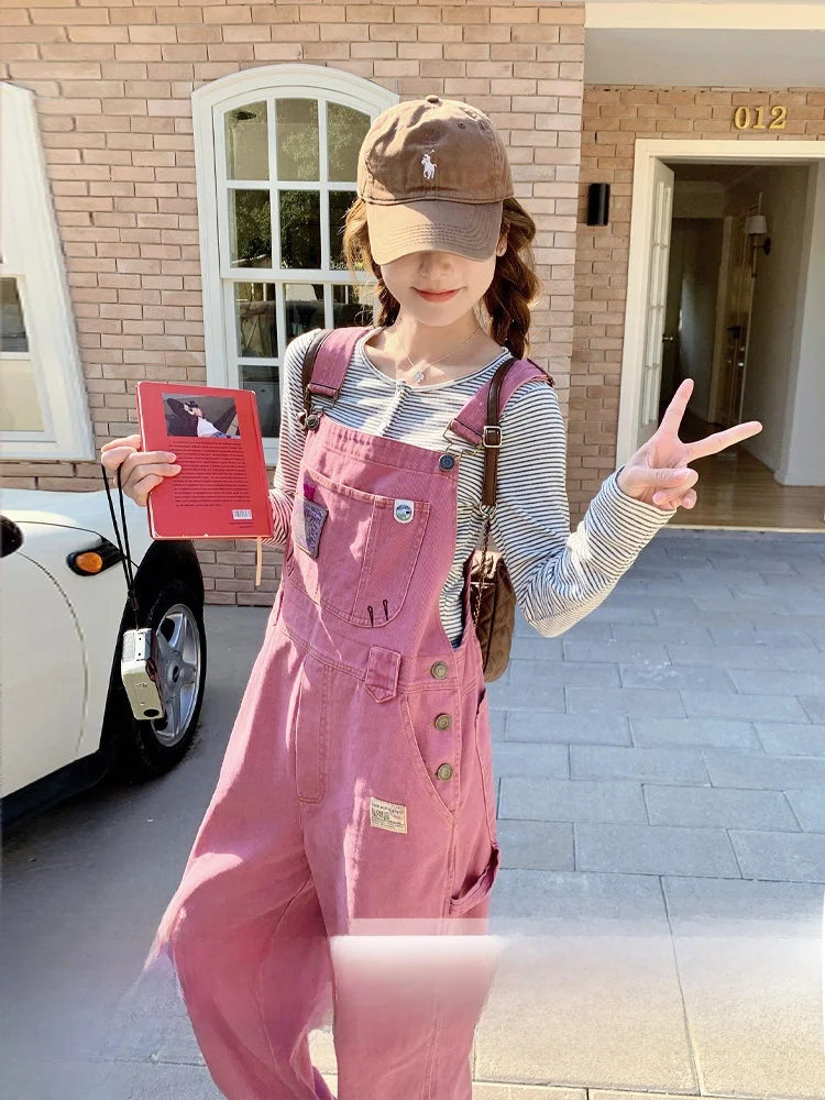 

Pink Denim Overalls Women's Loose Casual High Waist Wide Leg Spring Autumn New Sle Korean Small Size Anti-Aging Jeans