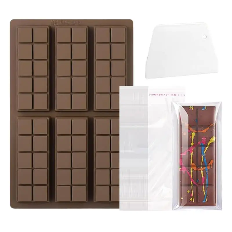 6 Cavities Chocolate Bar Mold 6 Cavities Silicone Mould For Wax Melts Food Grade Non-Stick Soy Candle Mould Rectangle With 100X