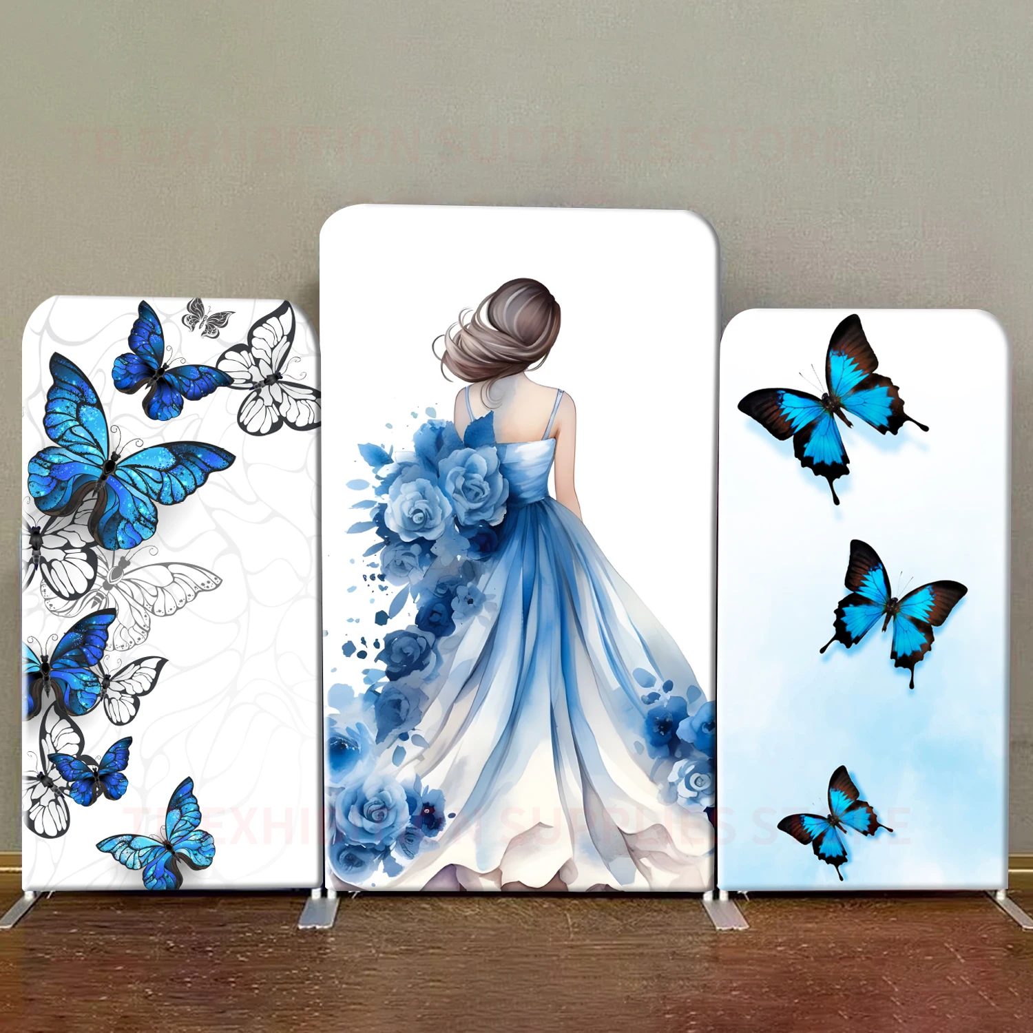 

3pcs set Aluminium Rectangle Quinceanera Backdrop Stand Cover Blue butterfly flower girl birthday party Photography background