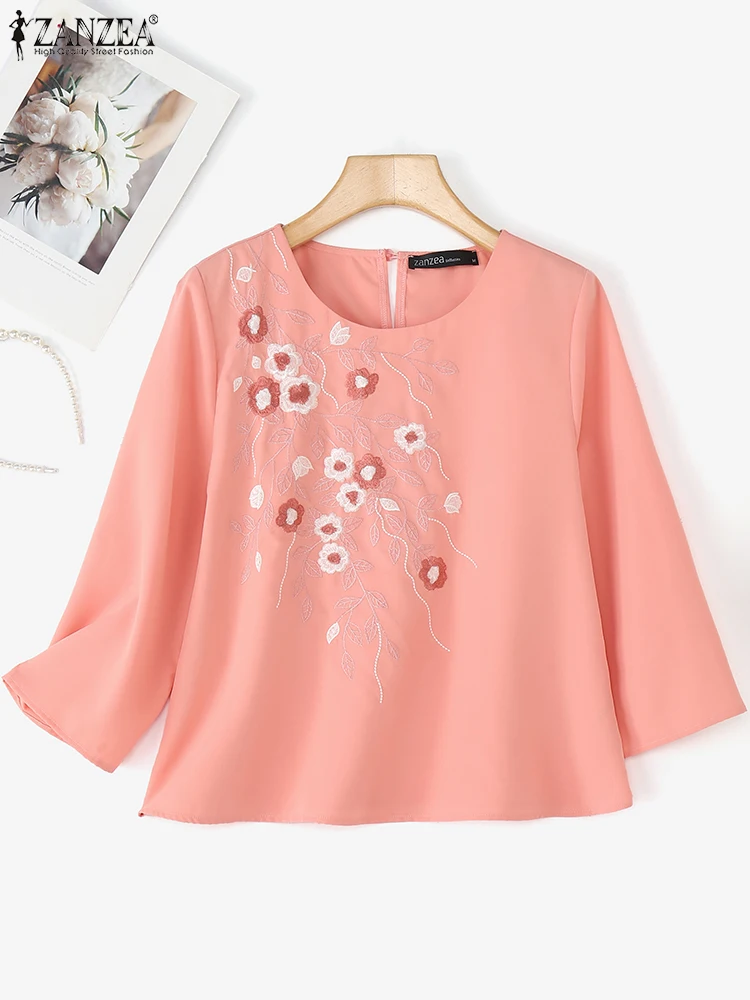 

Stylish Autumn Blouses ZANZEA Women Embroidered Tops Elegant Shirt 2025 Fashion O Neck 3/4 Sleeve Blusas Female Chemise Oversize
