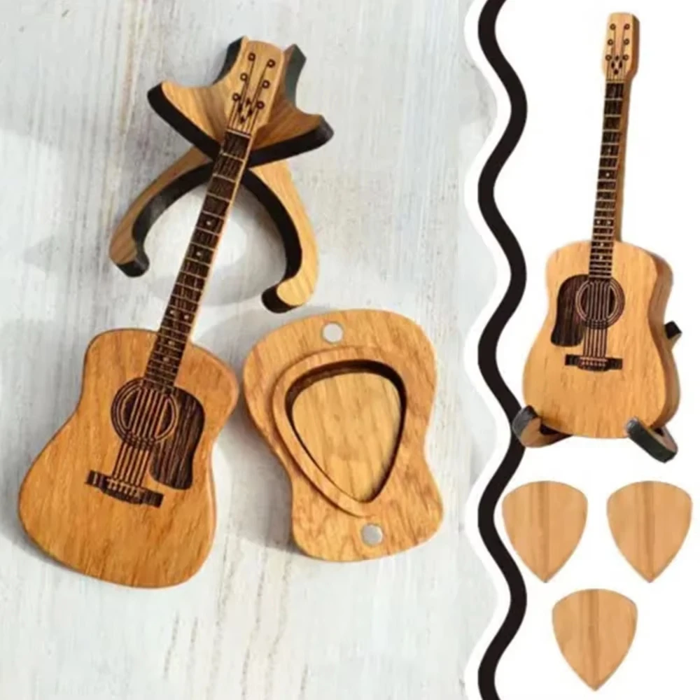 

Wooden Guitar Pick Box with Stand – Mini Guitar Shaped Pick Holder, Unique Engraved Design Perfect for Guitar Accessory Storage