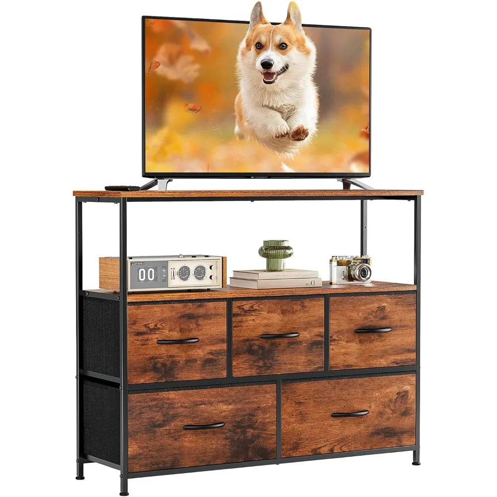 TV Stand Dresser  with 5 Fabric Drawer,Entertainment Center for 45 inch Television, Open Shelf, Adjustable Feet, Living Room