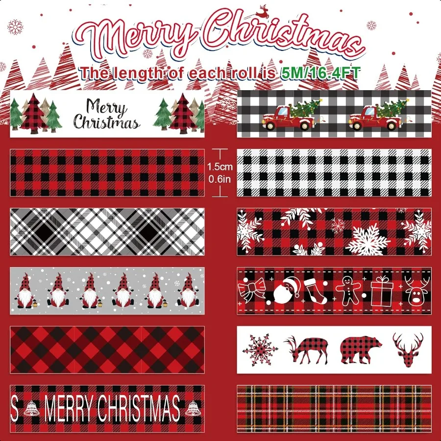 12 rotoli di nastro adesivo Washi natalizio plaid albero di Natale fiocco di neve gnomo camion nastro Washi Natale classico rosso nero adesivo decorativo T