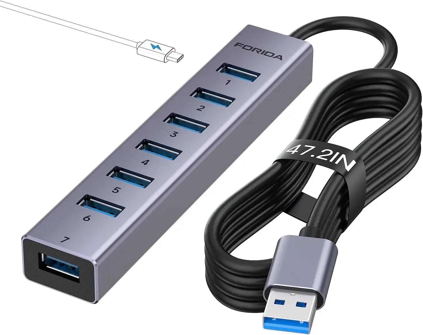 

USB-концентратор Alloy на 8 портов с длинным кабелем, USB-разветвителем, 7 портами USB 3.0 для передачи данных и портом Type-C 5В/3А для питания