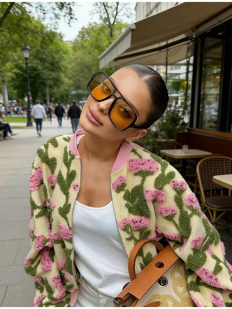 Designer 3D-Blumen-Fleece-Bomberjacke für Damen, Modische Oversize-Jacke mit Reißverschluss, Luxuriöse Plüsch-Oberbekleidung, Herbst-Winter-Streetwear 2026 – Detail 17