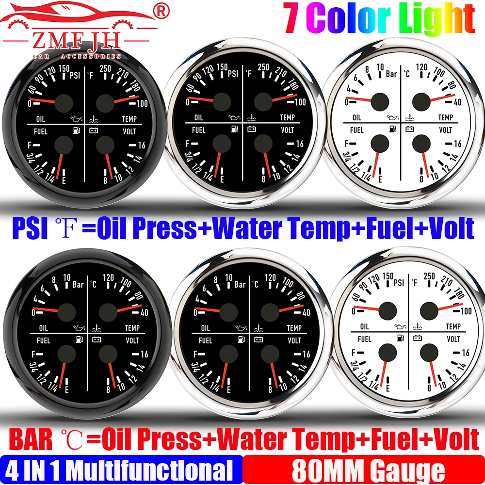 

ZMFJH Multifunctional 80MM Oil Pressure+Water Temperature+Fuel Level Gauge+Voltage 7 Color LED for Marine Boat Yacht Car Auto