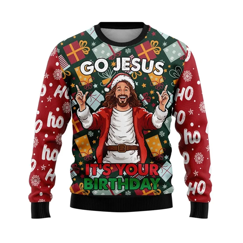 Full Print Men Women Ugly Jesus Jumper Sweatshirts Long Sleeve Crew Neck Christmas Jersey Sweatshirt Mens Hoodies Clothes