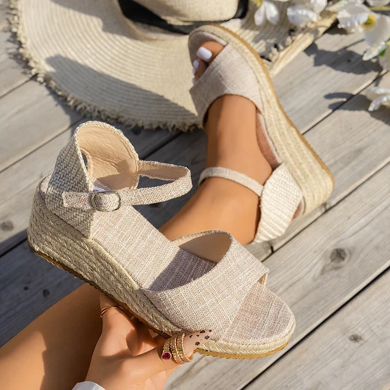 Women Shoes Buckle Strap Wedge Heel Sandal Women Summer Woven Thick Bottom Gladiator Sandalias Mujer Non Slip Platform Sandles