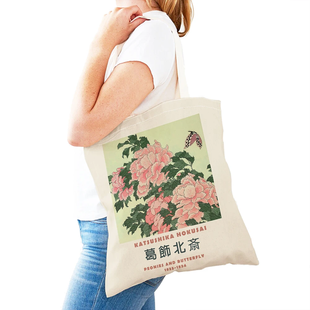 Hokusai Ohara Koson Japan Women Shopping Bags Double Print Abstract Casual Shopper Bag Lady Canvas Tote Flower Travel Handbag