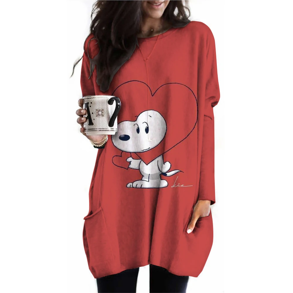 Women's Snoopy Pattern T-shirt Long Sleeve 3D Printed Cartoon Street Ladies Cute T-shirt Christmas Style Casual Top Large