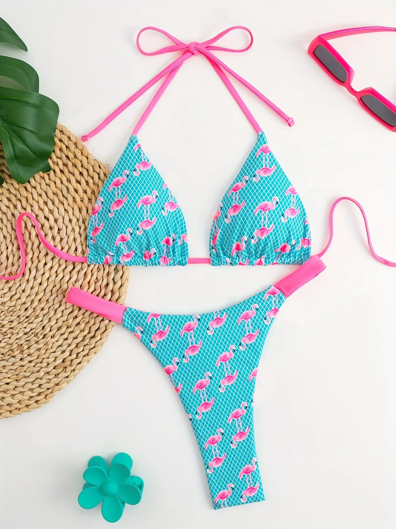 

Sexy Triangle Braided Bikini Flamingo Print String Bikinis Women Brazilian Swimwear Thong Bathing Suit Beach WearFemme Biquini