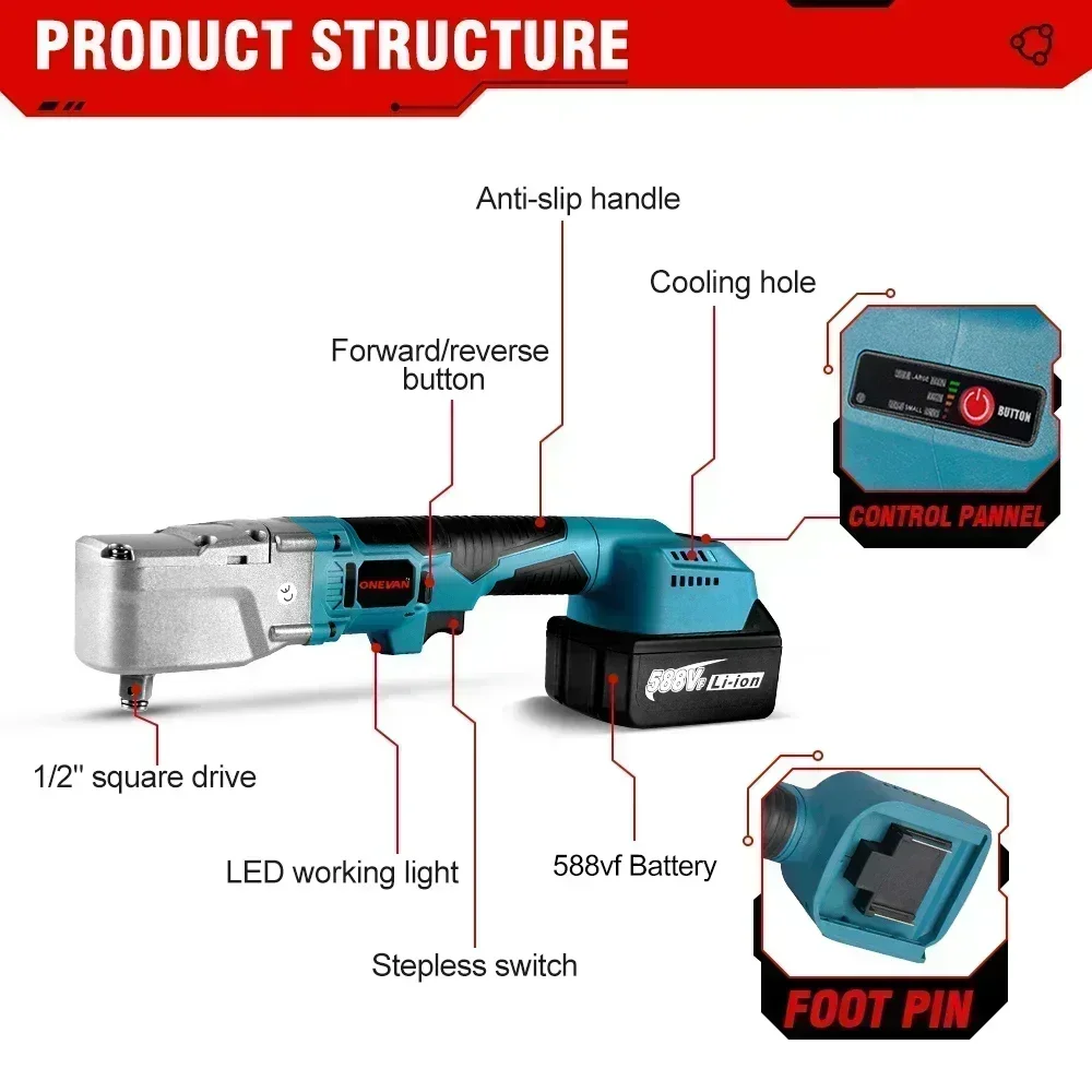 ONEVAN 1000NM Brushless 1/2\'\' Electric Ratchet Wrench 4800RPM Removal Screw Nut Car Repair Power Tool for Makita 18V Battery