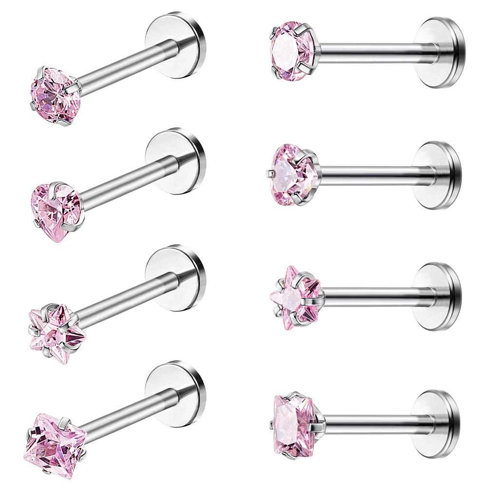 16G Stud Lip Rings Piercing Stainless Steel CZ Cartilage Tragus Piercing Jewelry Forward Helix Earrings Nose 6/8/10mm Pink